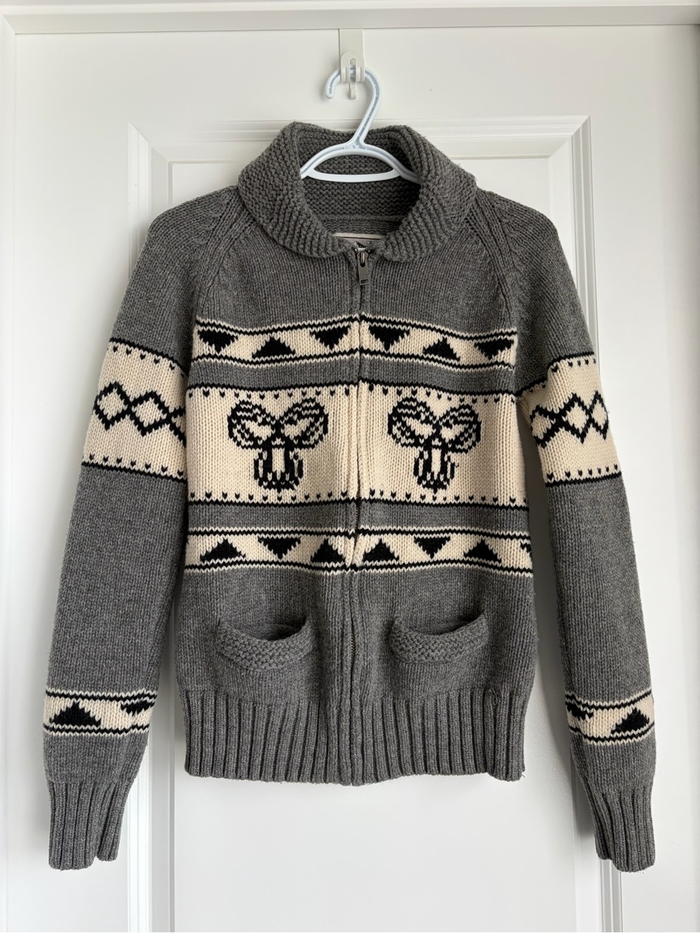 TNA 100% Lambswool Fair Isle Zip Sweater Grey Cream Black
